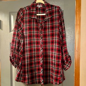 Habitat M 3/4 length sleeves in a rich red, black, white plaid
